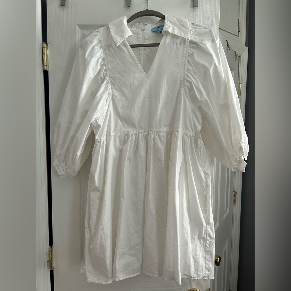 CeCe White V-Neck Dress with Puff Sleeves